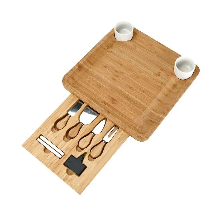 Exquisite Bamboo Cheese Board Charcuterie Set with Slide-out Drawers Cutlery for Meat and Wine